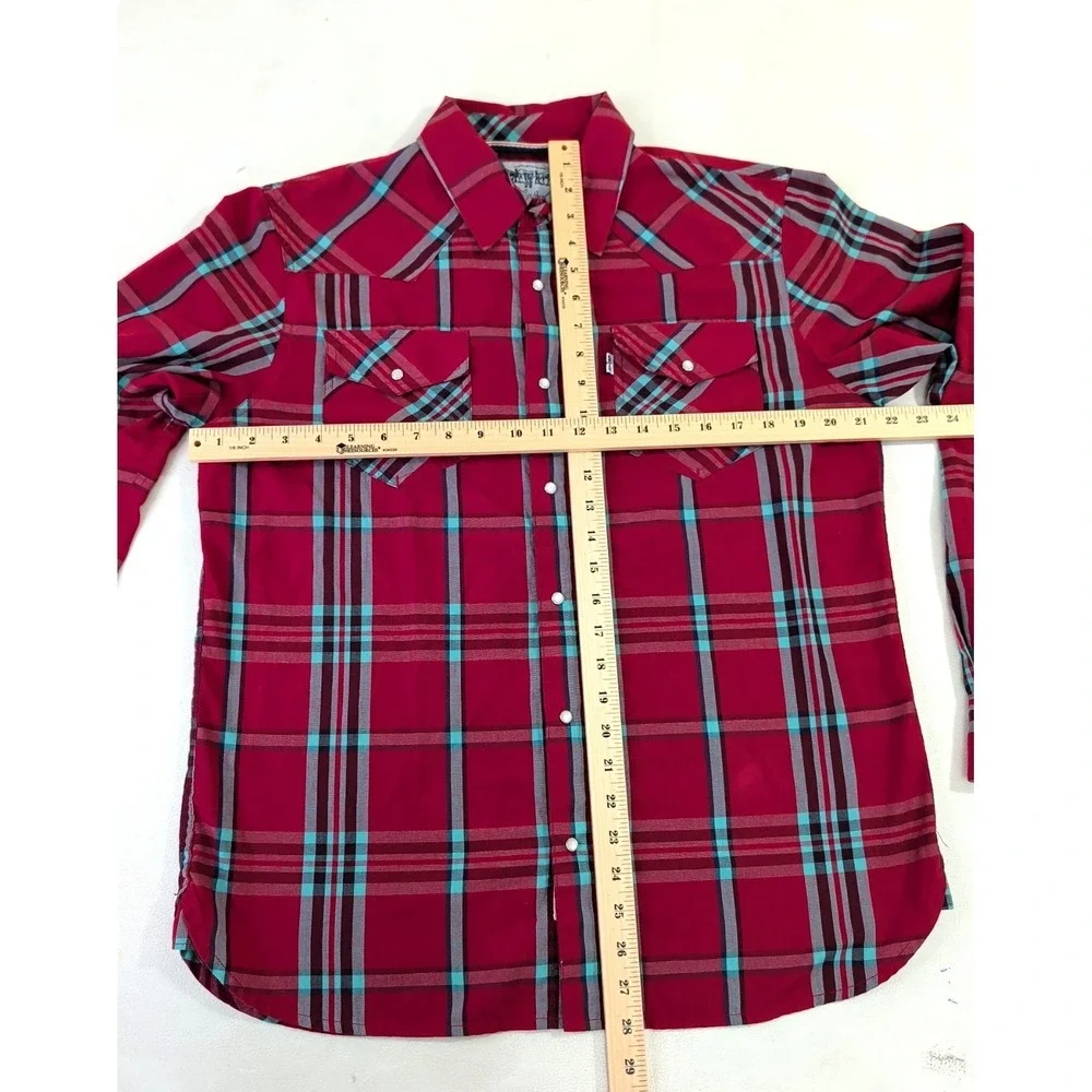 Levis Western Pearl Snap Shirt Mens M Red Plaid Yoke‎ Flap Pockets Cowboy Rodeo